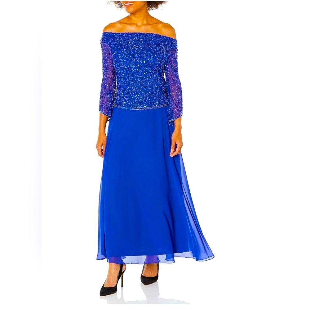 Elegant Blue Off-Shoulder Dress size 14P. Worn once for 5 hour wedding.